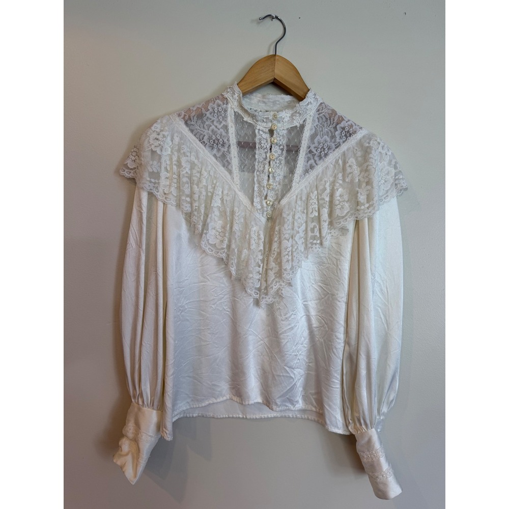 Vintage Jessica's Gunne Sax Ivory Lace Victorian Blouse Bishop Sleeve Top Small